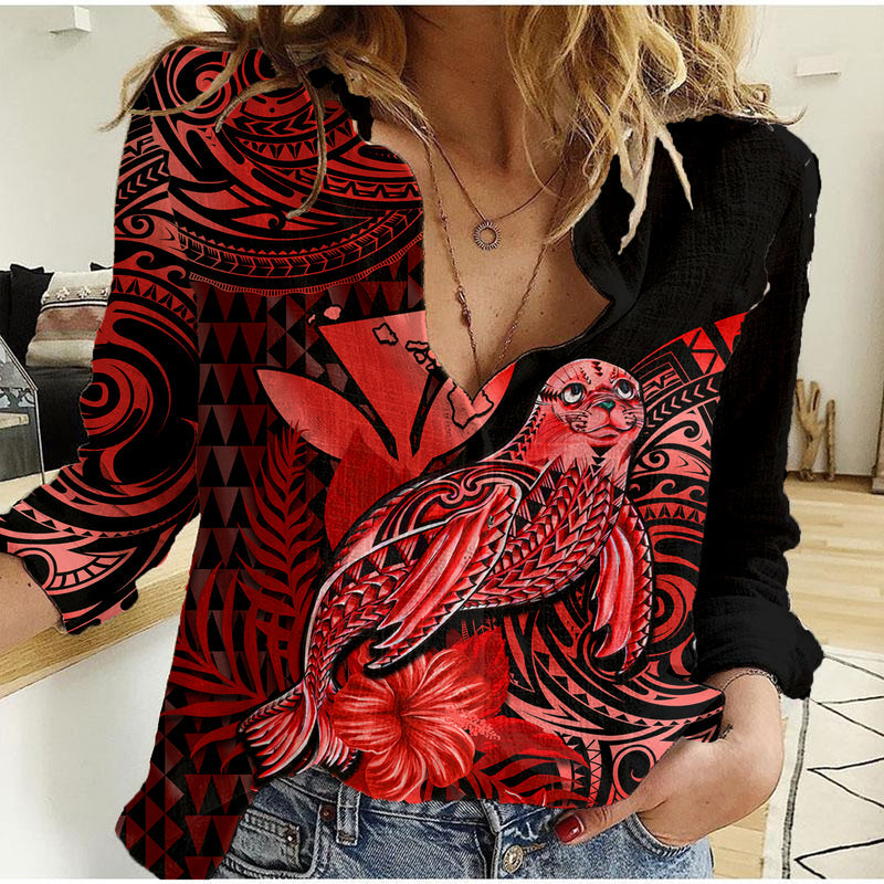 (Custom Personalised) Hawaii Monk Seal Polynesian Kakau With Kanaka Red Women Casual Shirt