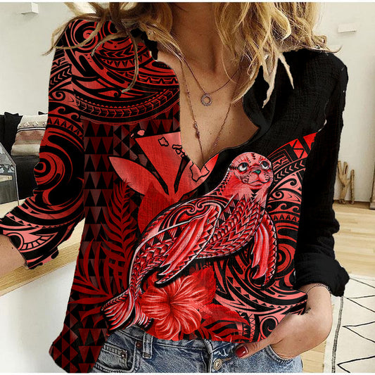 (Custom Personalised) Hawaii Monk Seal Polynesian Kakau With Kanaka Red Women Casual Shirt