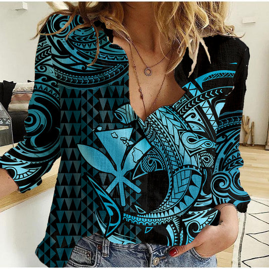 (Custom Personalised) Hawaii Hammerhead Shark Polynesian Kakau With Kanaka Turquoise Women Casual Shirt
