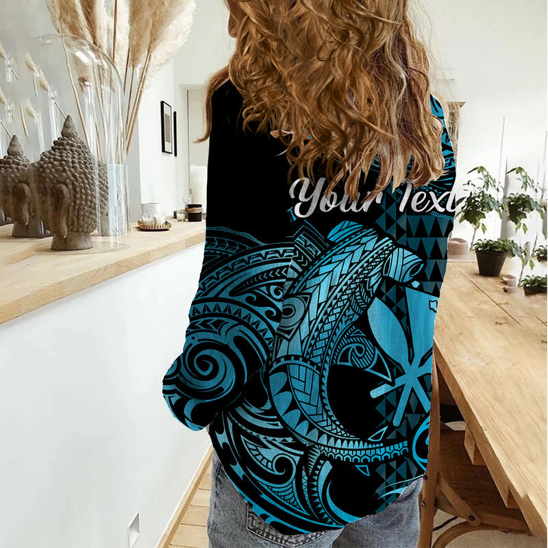 (Custom Personalised) Hawaii Hammerhead Shark Polynesian Kakau With Kanaka Turquoise Women Casual Shirt