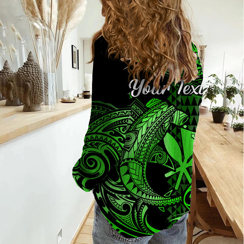 (Custom Personalised) Hawaii Hammerhead Shark Polynesian Kakau With Kanaka Green Women Casual Shirt