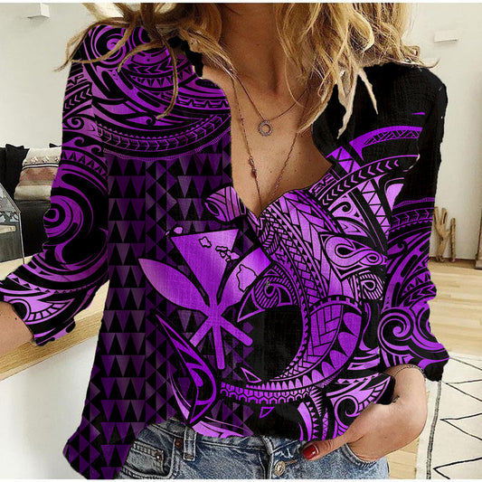 (Custom Personalised) Hawaii Hammerhead Shark Polynesian Kakau With Kanaka Purple Women Casual Shirt