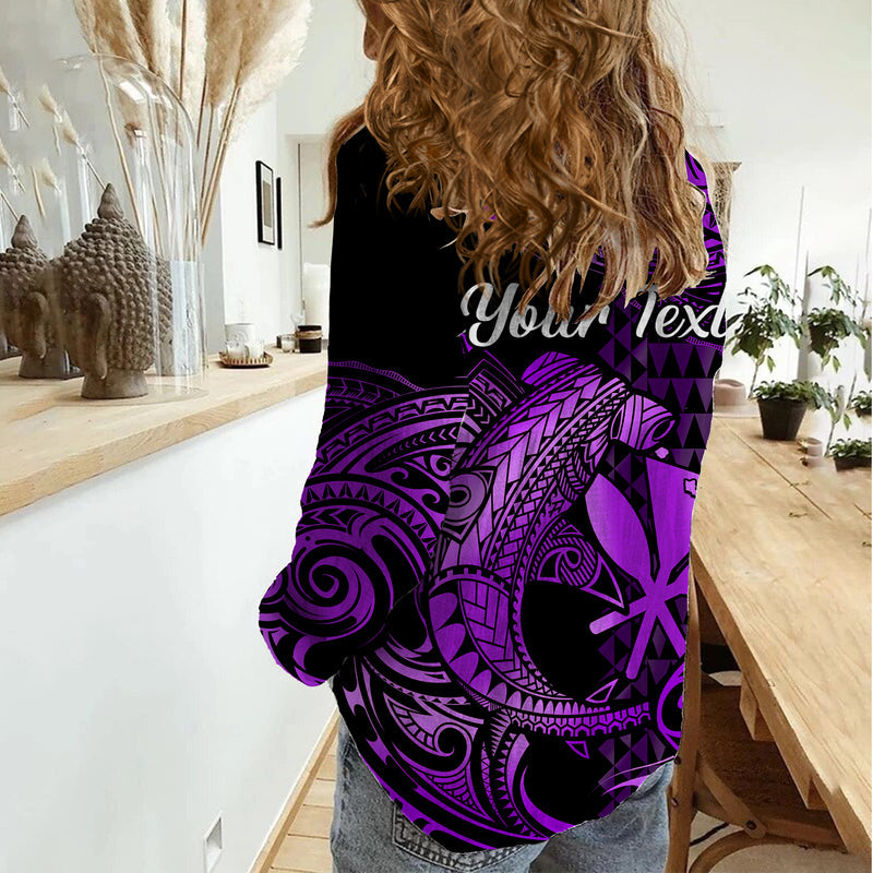 (Custom Personalised) Hawaii Hammerhead Shark Polynesian Kakau With Kanaka Purple Women Casual Shirt