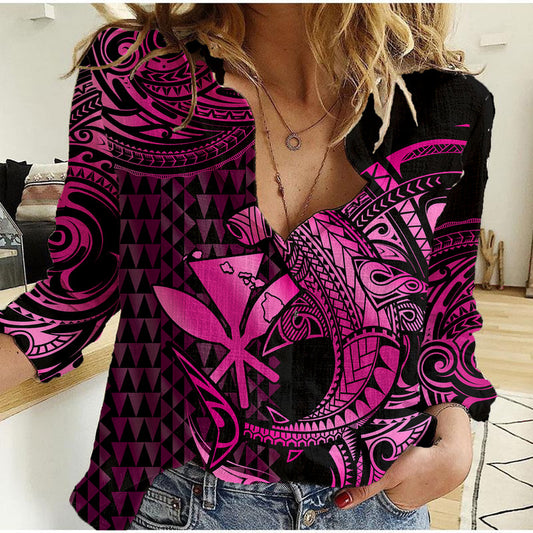 (Custom Personalised) Hawaii Hammerhead Shark Polynesian Kakau With Kanaka Pink Women Casual Shirt