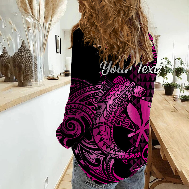 (Custom Personalised) Hawaii Hammerhead Shark Polynesian Kakau With Kanaka Pink Women Casual Shirt