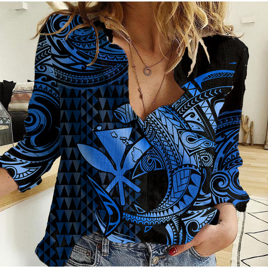 (Custom Personalised) Hawaii Hammerhead Shark Polynesian Kakau With Kanaka Blue Women Casual Shirt