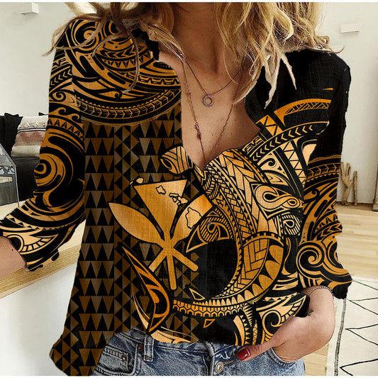 (Custom Personalised) Hawaii Hammerhead Shark Polynesian Kakau With Kanaka Gold Women Casual Shirt