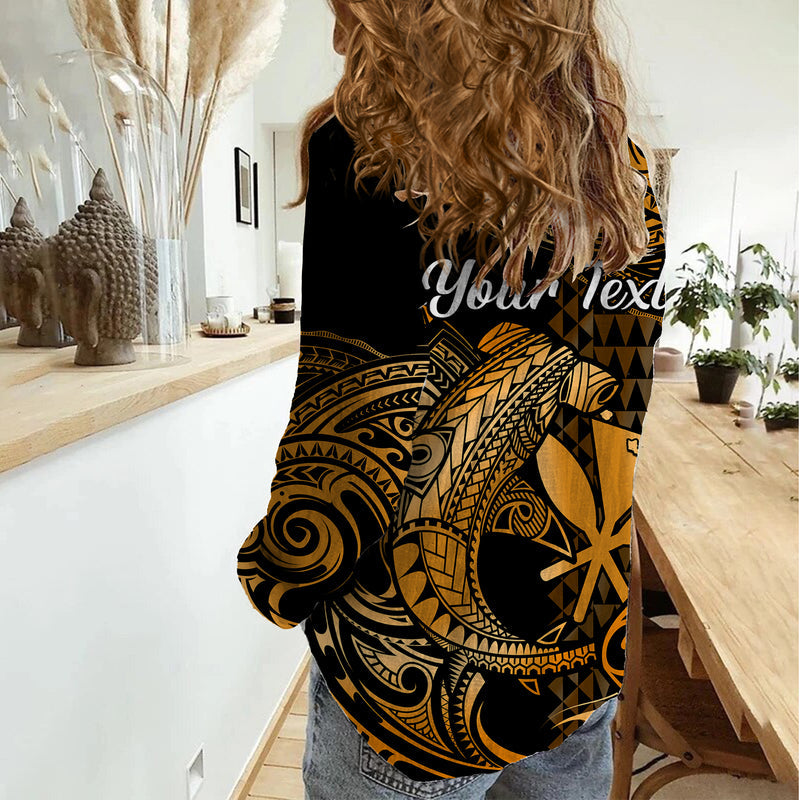(Custom Personalised) Hawaii Hammerhead Shark Polynesian Kakau With Kanaka Gold Women Casual Shirt