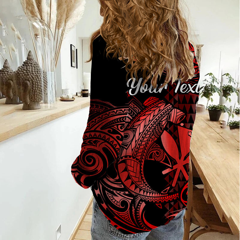 (Custom Personalised) Hawaii Hammerhead Shark Polynesian Kakau With Kanaka Red Women Casual Shirt