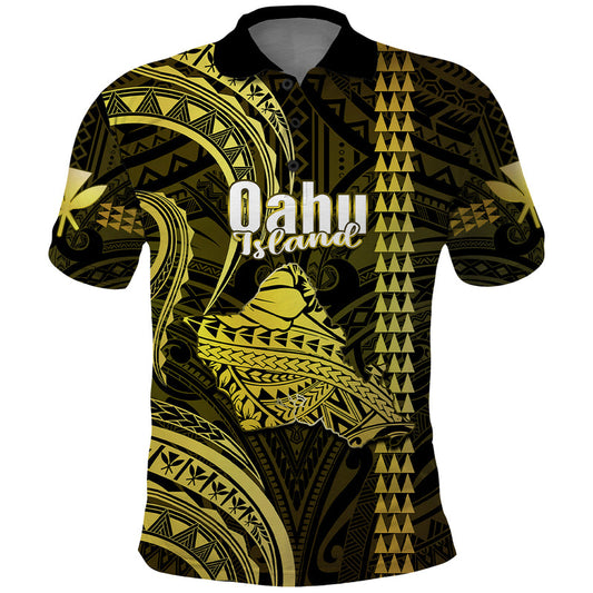 Custom Hawaiian Islands Oahu Map Yellow Kanaka With Kakau Polo Shirt