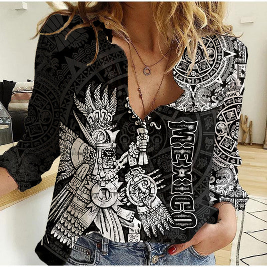 (Custom Personalised) Mexico Aztec El Calendario Maya Mix Huitzilopochtli Black Women Casual Shirt