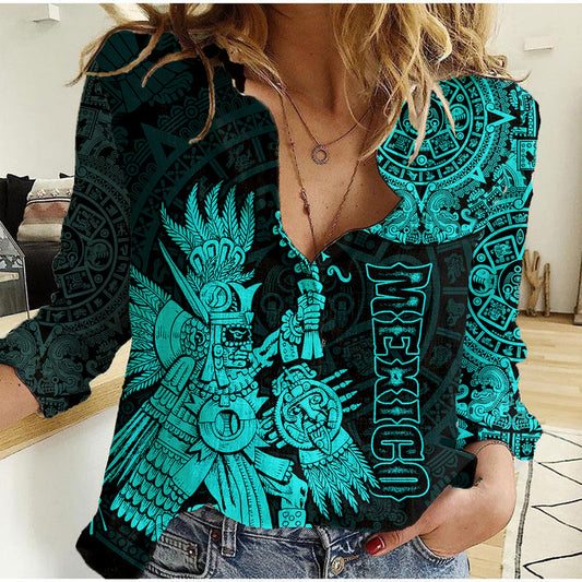(Custom Personalised) Mexico Aztec El Calendario Maya Mix Huitzilopochtli Turquoise Women Casual Shirt
