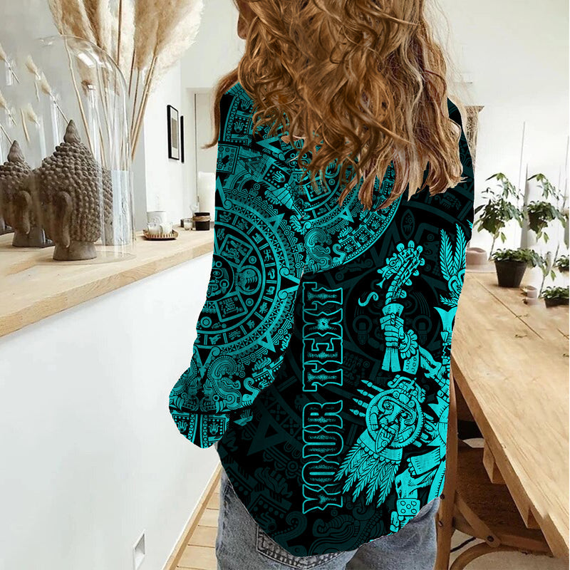 (Custom Personalised) Mexico Aztec El Calendario Maya Mix Huitzilopochtli Turquoise Women Casual Shirt