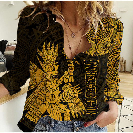 (Custom Personalised) Mexico Aztec El Calendario Maya Mix Huitzilopochtli Gold Women Casual Shirt