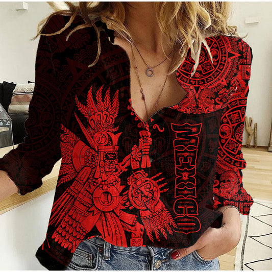 (Custom Personalised) Mexico Aztec El Calendario Maya Mix Huitzilopochtli Red Women Casual Shirt