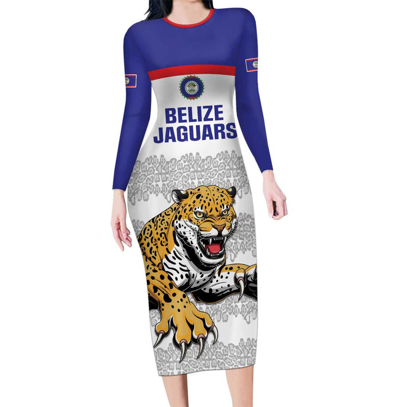 Custom Belize Football 2025 Go Jaguars Long Sleeve Bodycon Dress