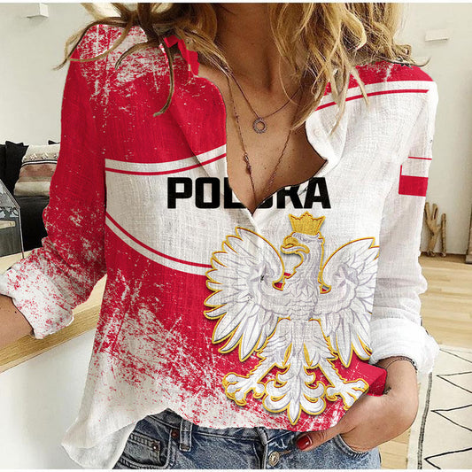 (Custom Personalised) Poland Constitution Day Coat Of Arms Grunge Style Women Casual Shirt