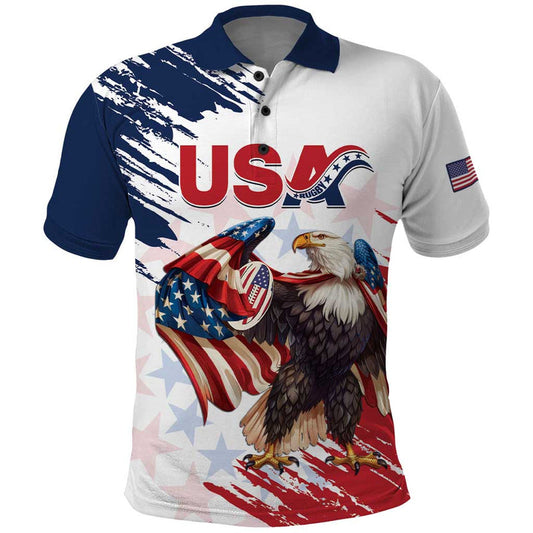 Custom USA Rugby Powerful Eagle Grunge Brush Style - White Polo Shirt