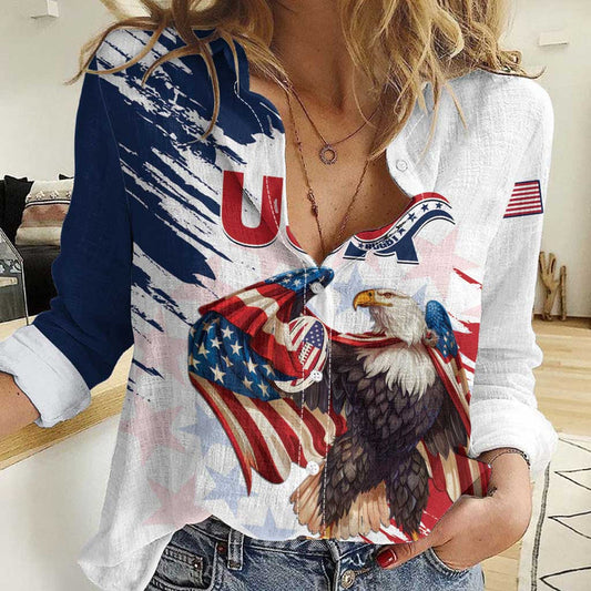 Custom USA Rugby Powerful Eagle Grunge Brush Style - White Women Casual Shirt