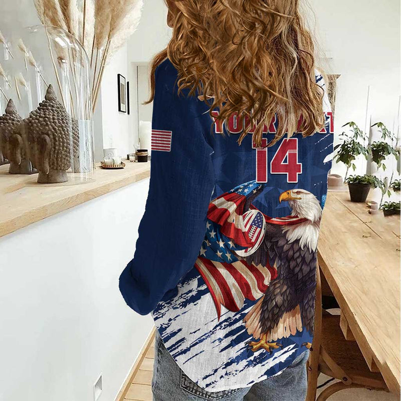 Custom USA Rugby Powerful Eagle Grunge Brush Style - Blue Women Casual Shirt