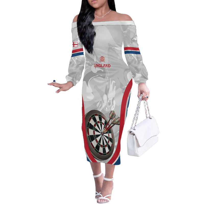 Custom England Darts Go Champions Grunge Marble Style Off The Shoulder Long Sleeve Dress