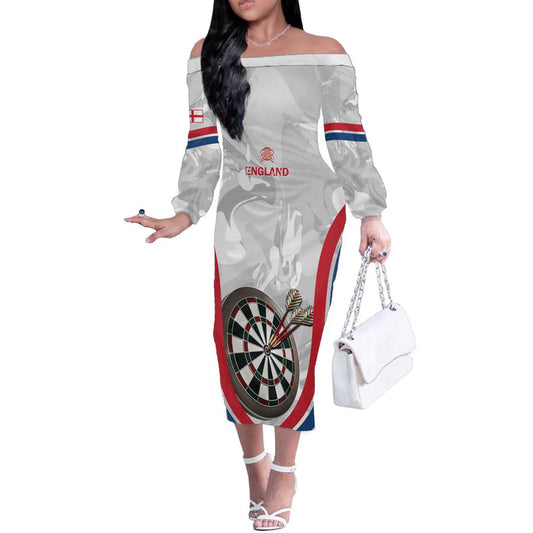 Custom England Darts Go Champions Grunge Marble Style Off The Shoulder Long Sleeve Dress