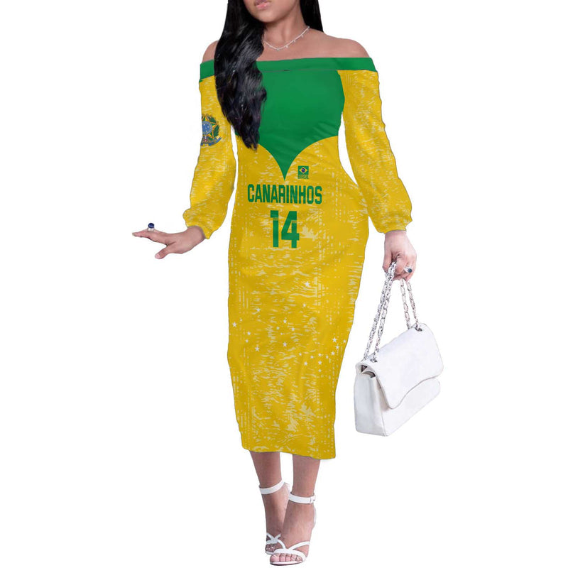 Custom Brasil Volleyball Vai Canarinhos! Off The Shoulder Long Sleeve Dress
