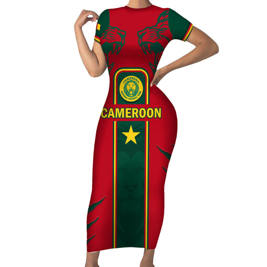 Custom Cameroon Football 2024 African Nations Go Champions Lion Style Short Sleeve Bodycon Dress