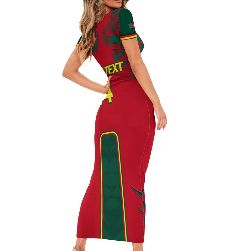 Custom Cameroon Football 2024 African Nations Go Champions Lion Style Short Sleeve Bodycon Dress
