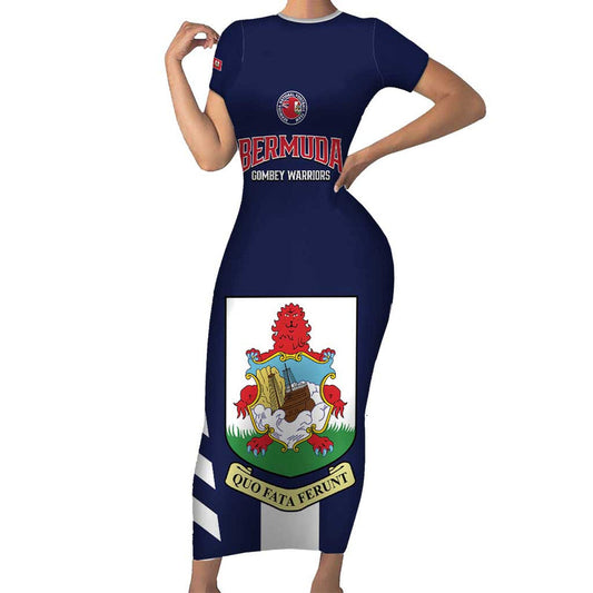 Custom Bermuda Football 2025 Go Gombey Warriors - Blue Short Sleeve Bodycon Dress