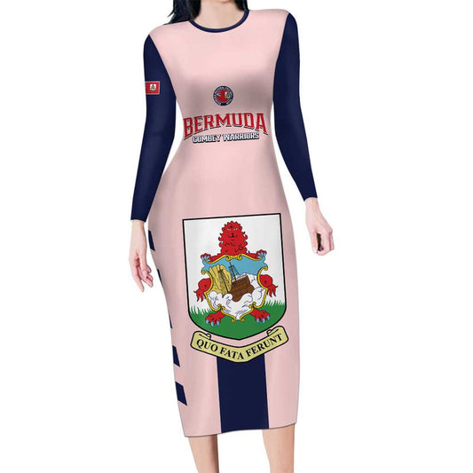 Custom Bermuda Football 2025 Go Gombey Warriors - Pink Long Sleeve Bodycon Dress