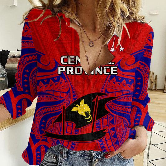 (Custom Personalised) Papua New Guinea Central Province Mix Coat Of Arms Polynesian Art Women Casual Shirt