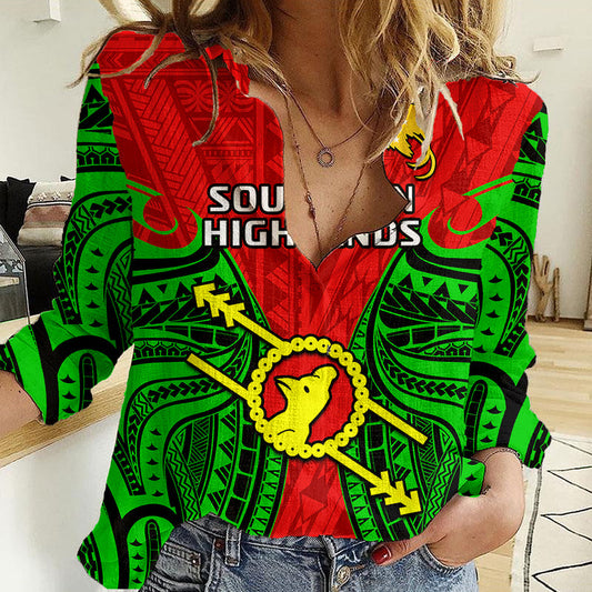 (Custom Personalised) Papua New Guinea Southern Highlands Province Mix Coat Of Arms Polynesian Art Women Casual Shirt