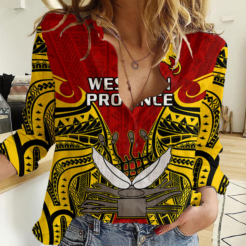 (Custom Personalised) Papua New Guinea Western Province Mix Coat Of Arms Polynesian Art Women Casual Shirt