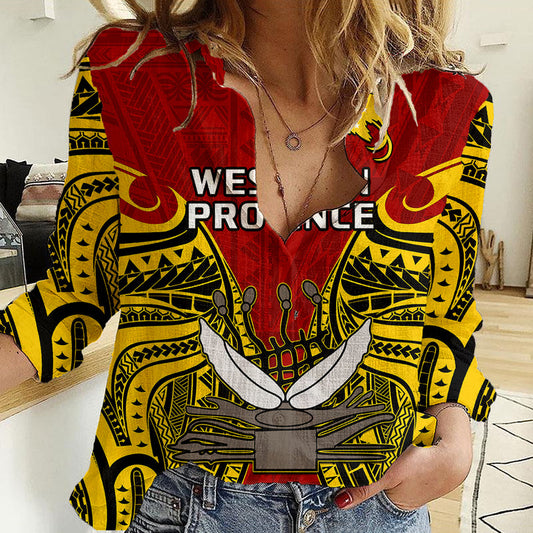 (Custom Personalised) Papua New Guinea Western Province Mix Coat Of Arms Polynesian Art Women Casual Shirt
