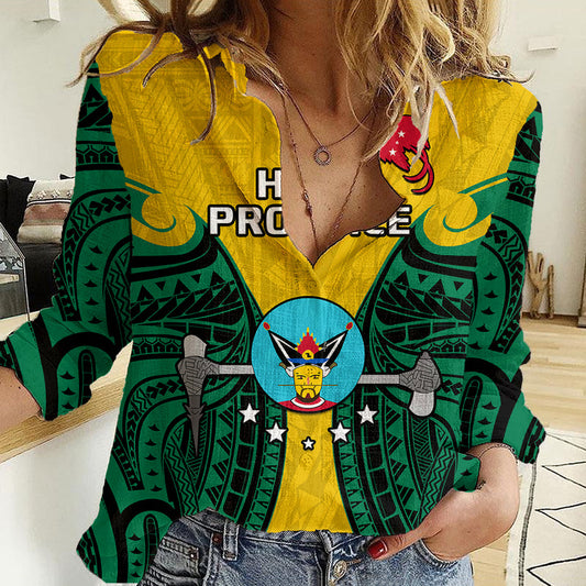 (Custom Personalised) Papua New Guinea Hela Province Mix Coat Of Arms Polynesian Art Women Casual Shirt