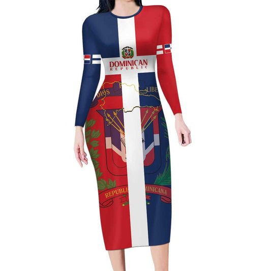 Custom Dominican Republic Football Go Champions Flag Style Long Sleeve Bodycon Dress
