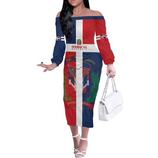 Custom Dominican Republic Football Go Champions Flag Style Off The Shoulder Long Sleeve Dress