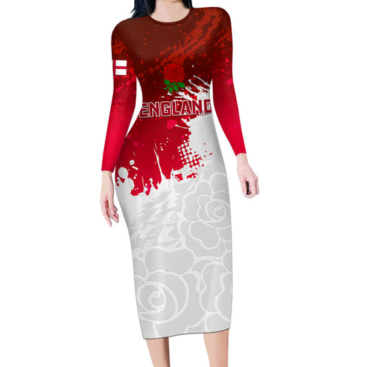 Custom England Rugby 2023 Go Champions World Cup Red Rose Long Sleeve Bodycon Dress