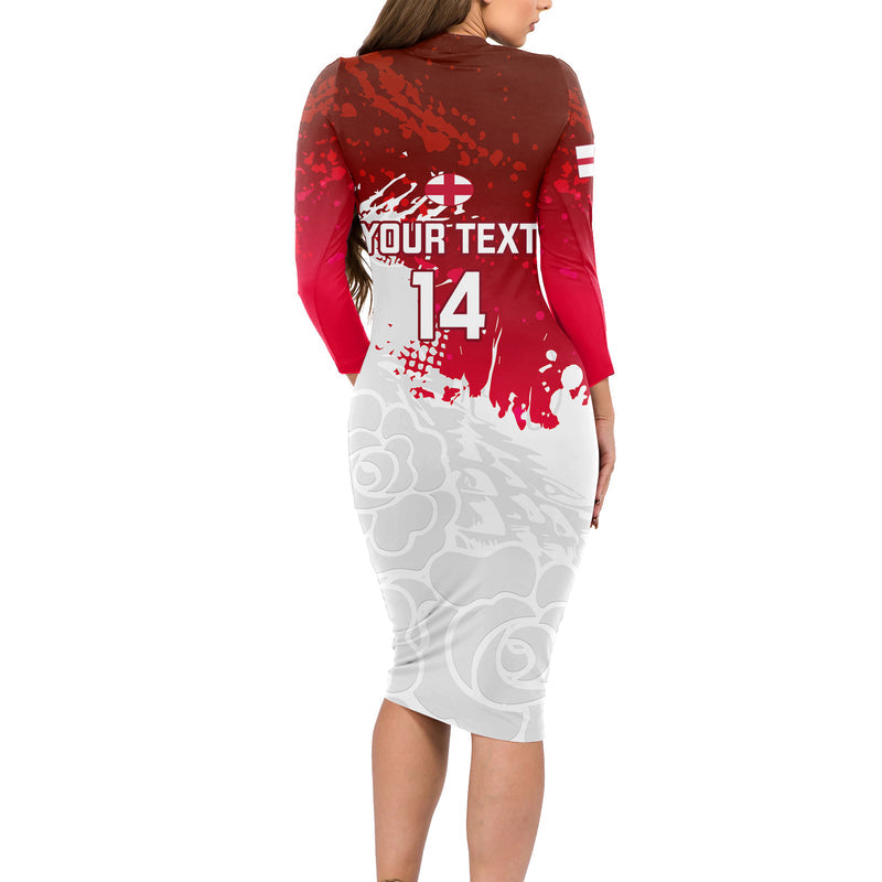 Custom England Rugby 2023 Go Champions World Cup Red Rose Long Sleeve Bodycon Dress