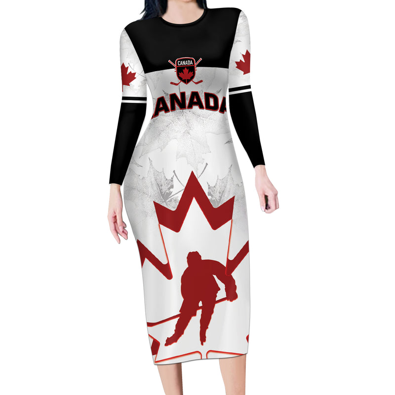 Custom Canada Hockey 2024 Go Maple Leaf Long Sleeve Bodycon Dress