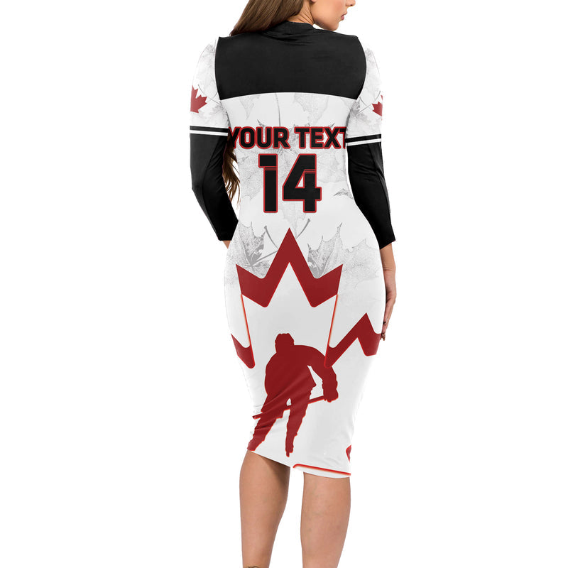 Custom Canada Hockey 2024 Go Maple Leaf Long Sleeve Bodycon Dress