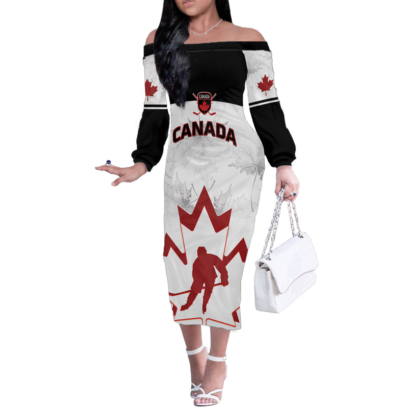 Custom Canada Hockey 2024 Go Maple Leaf Off The Shoulder Long Sleeve Dress
