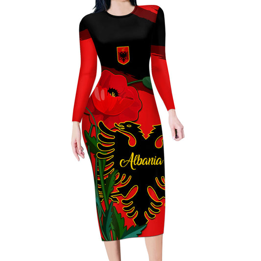 Albania Flag Day Albanian Coat Of Arms With Red Poppy Long Sleeve Bodycon Dress