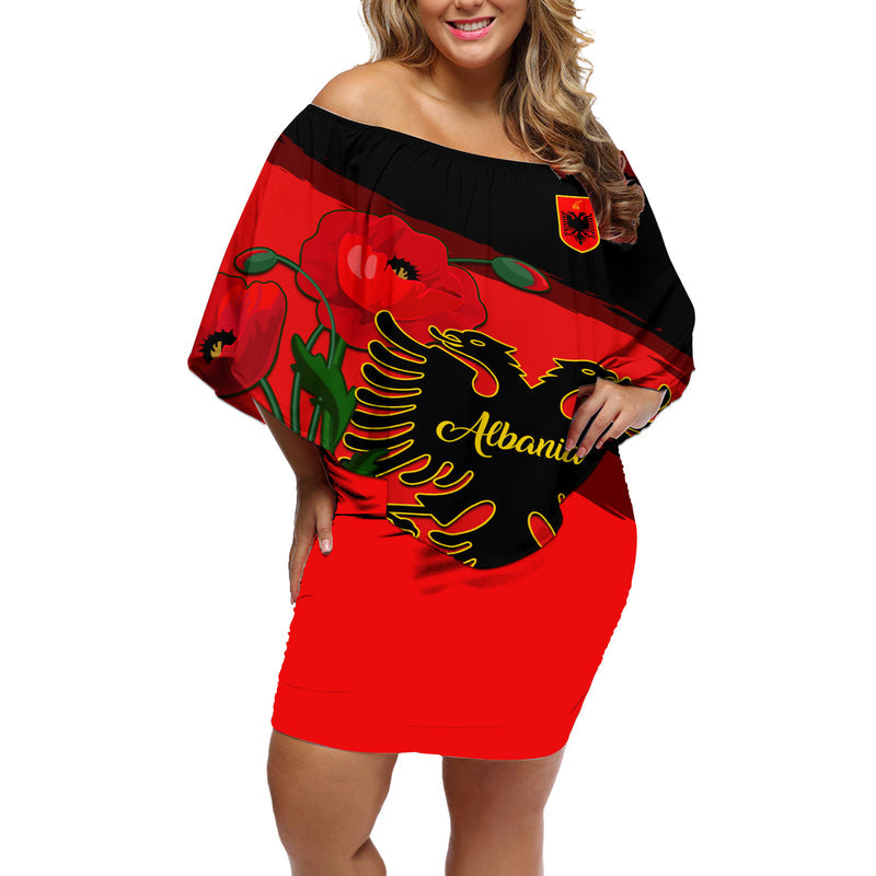 Albania Flag Day Albanian Coat Of Arms With Red Poppy Off Shoulder Short Dress