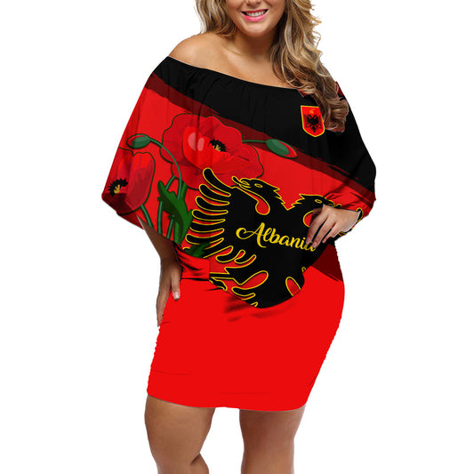 Albania Flag Day Albanian Coat Of Arms With Red Poppy Off Shoulder Short Dress