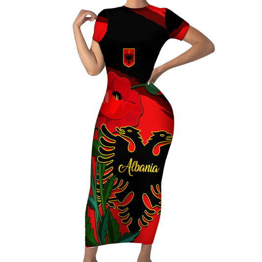 Albania Flag Day Albanian Coat Of Arms With Red Poppy Short Sleeve Bodycon Dress