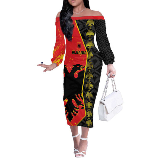 Albania Independence Day Albanian Proud - Flag Color Off The Shoulder Long Sleeve Dress