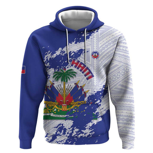 Custom Haiti Football Les Grenadiers Blue Grunge Polynesian Tattoo Hoodie