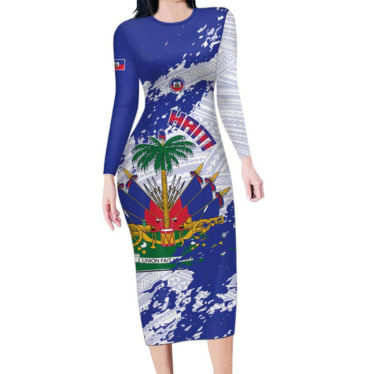 Custom Haiti Football Les Grenadiers Blue Grunge Polynesian Tattoo Long Sleeve Bodycon Dress